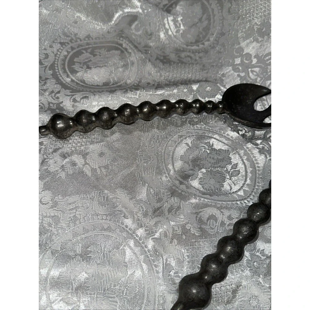 Pewter Metal Silver Tone Salad Servers Silverware Bubble Bead Curved Handles